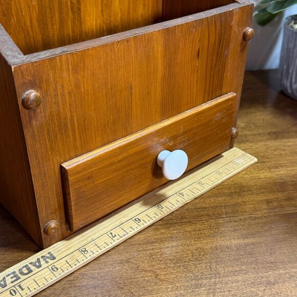 Vintage Wooden Hanging Box with Drawer and Top Open Pocket 13" Tall - Picture 8 of 12